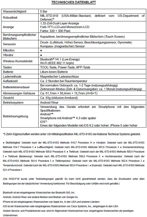 Technisches Datenblatt (Quelle: casio.de)